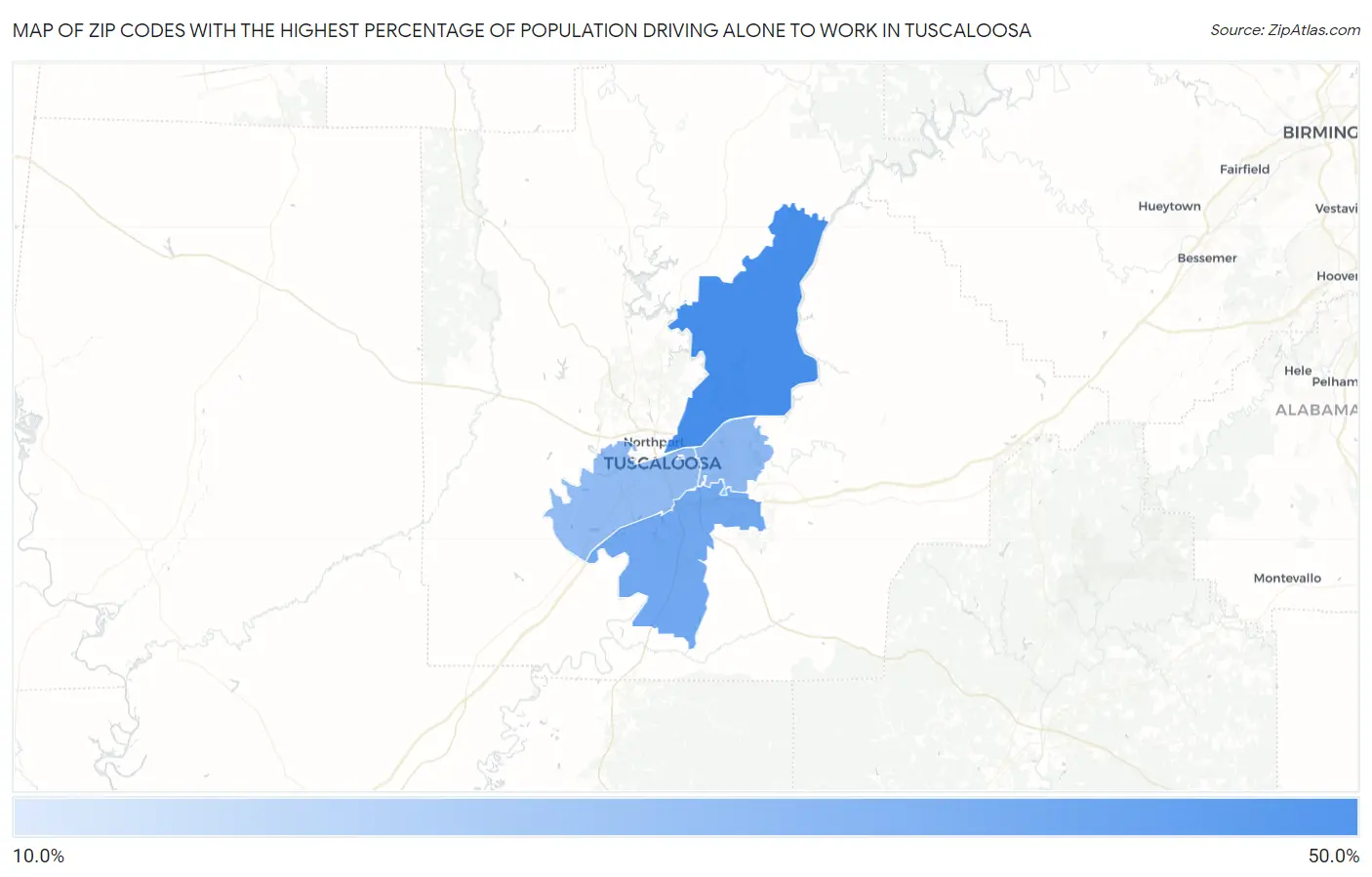 Zip Codes with the Highest Percentage of Population Driving Alone to Work in Tuscaloosa Map