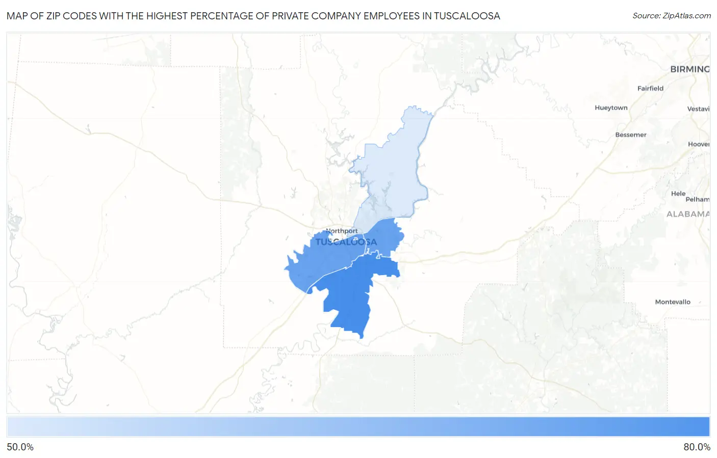 Zip Codes with the Highest Percentage of Private Company Employees in Tuscaloosa Map
