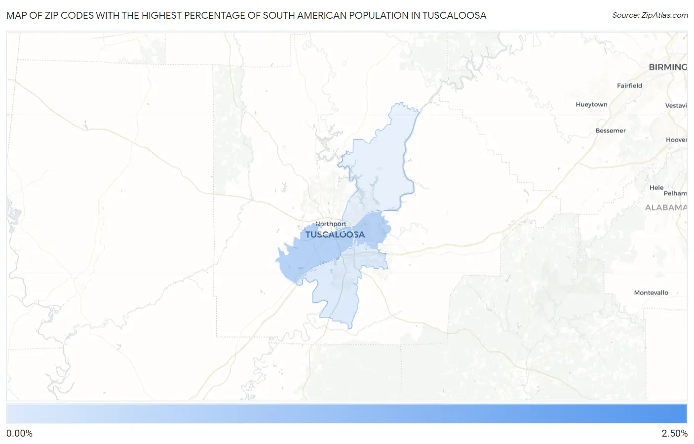 Zip Codes with the Highest Percentage of South American Population in Tuscaloosa Map