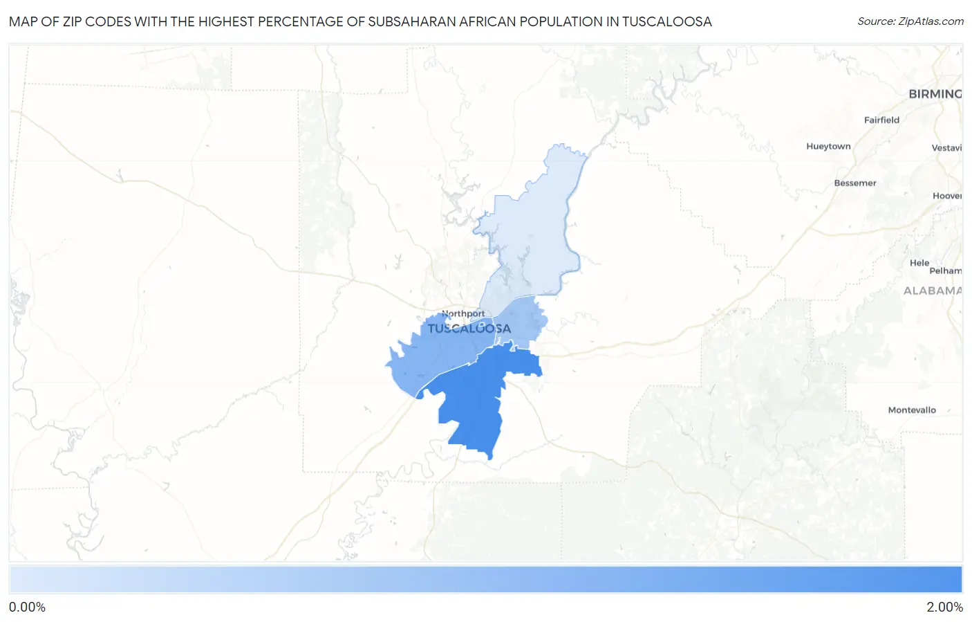 Zip Codes with the Highest Percentage of Subsaharan African Population in Tuscaloosa Map