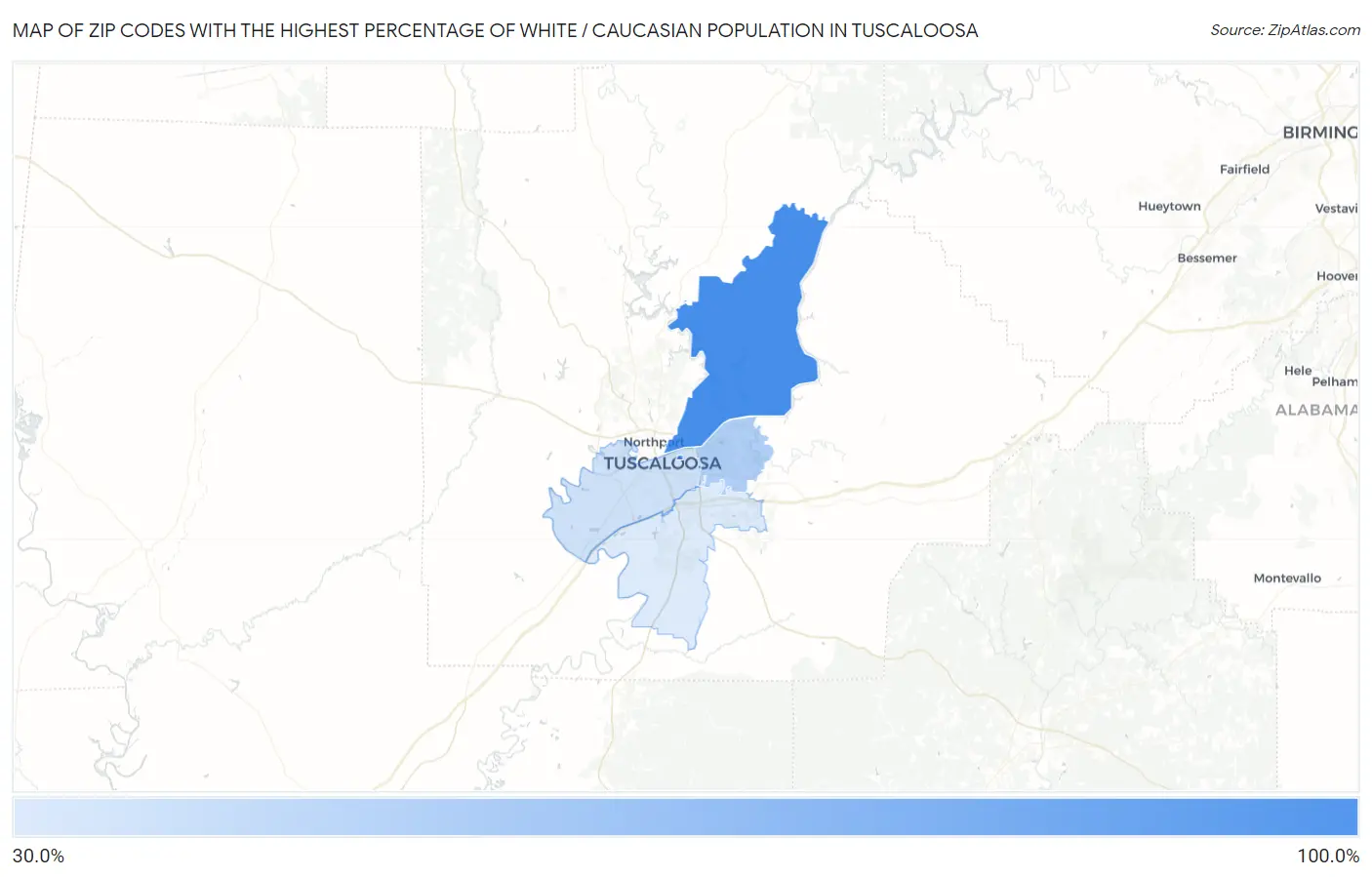 Zip Codes with the Highest Percentage of White / Caucasian Population in Tuscaloosa Map