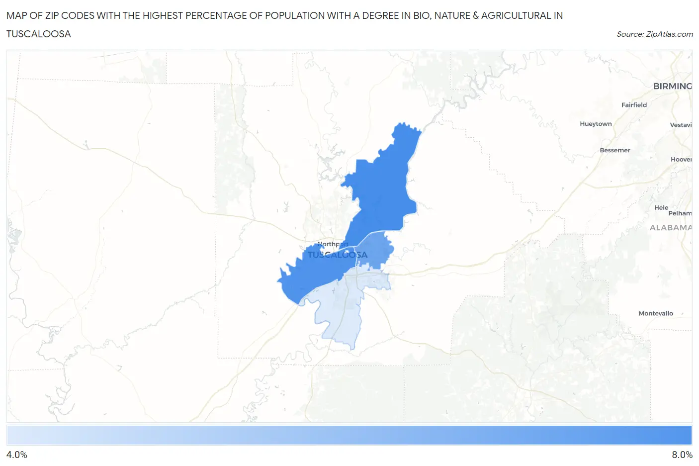 Zip Codes with the Highest Percentage of Population with a Degree in Bio, Nature & Agricultural in Tuscaloosa Map