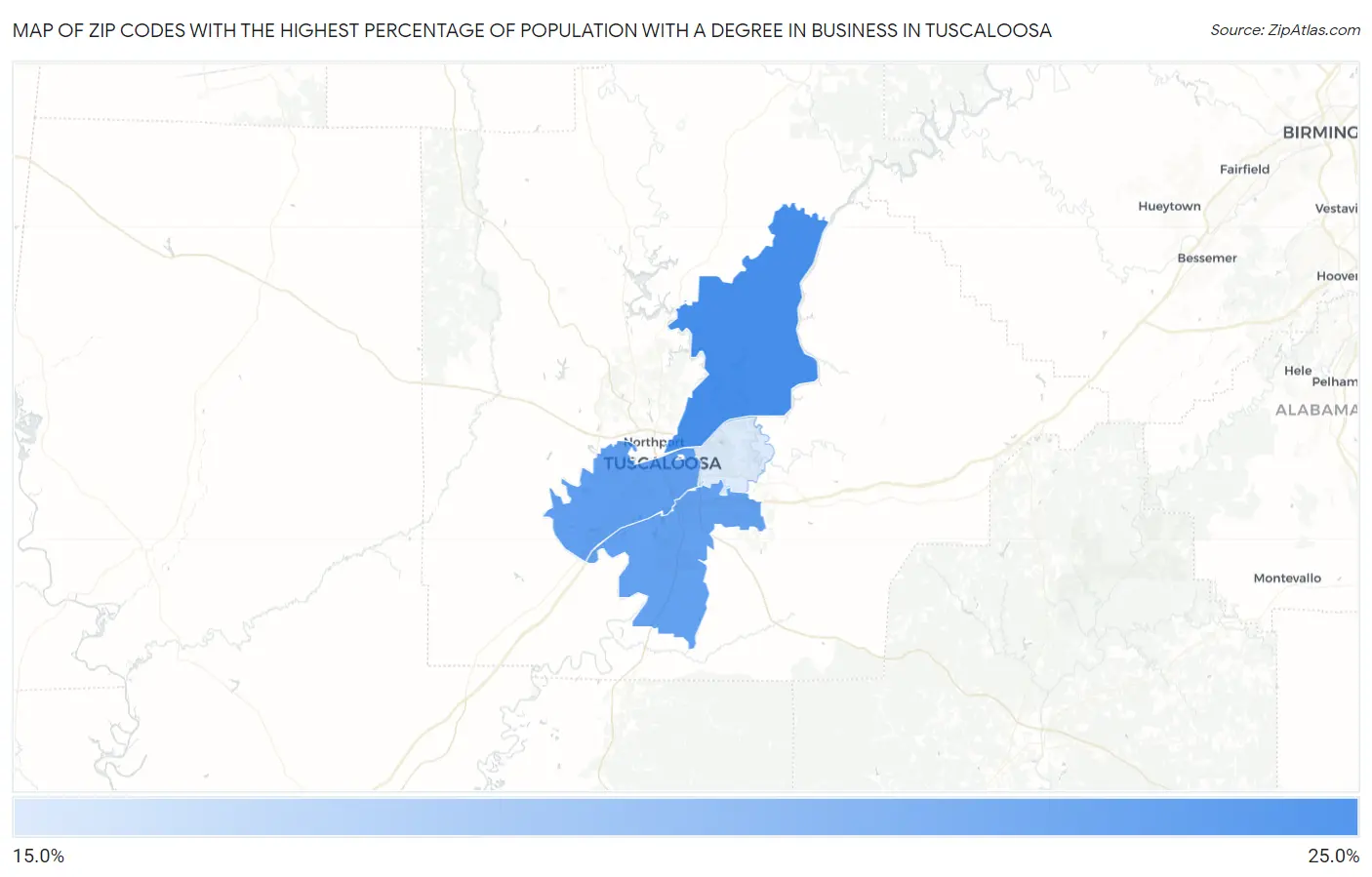 Zip Codes with the Highest Percentage of Population with a Degree in Business in Tuscaloosa Map