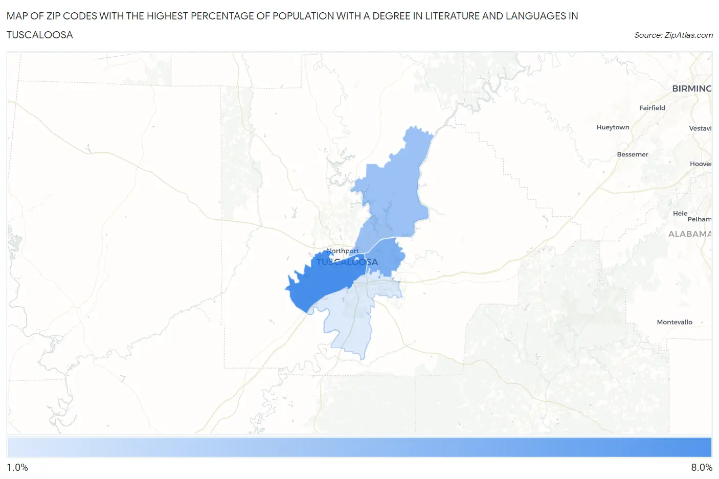 Zip Codes with the Highest Percentage of Population with a Degree in Literature and Languages in Tuscaloosa Map