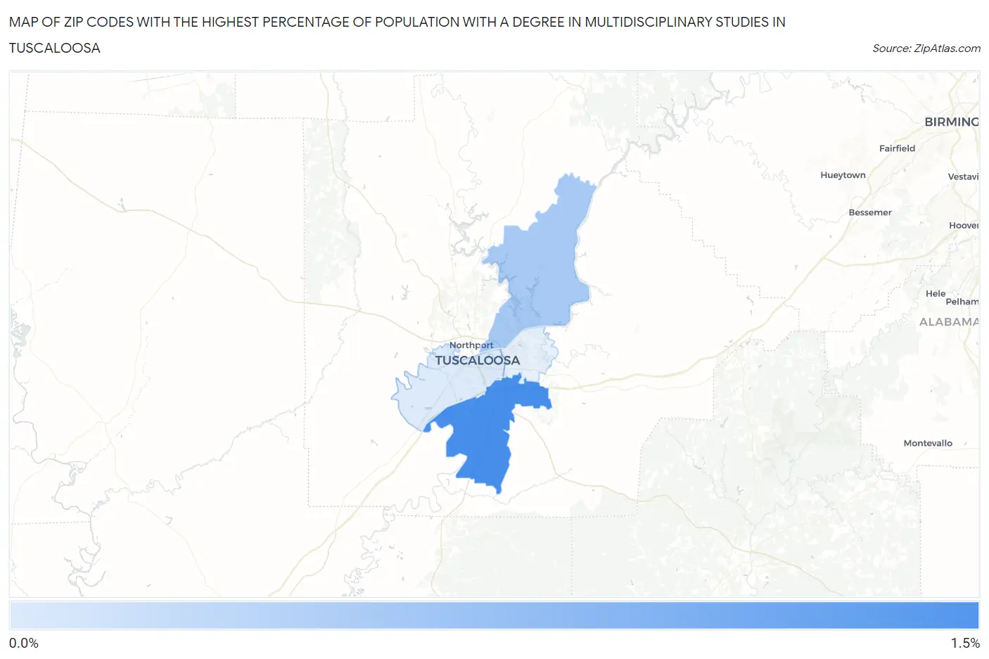 Zip Codes with the Highest Percentage of Population with a Degree in Multidisciplinary Studies in Tuscaloosa Map