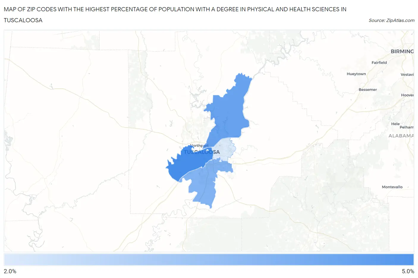 Zip Codes with the Highest Percentage of Population with a Degree in Physical and Health Sciences in Tuscaloosa Map