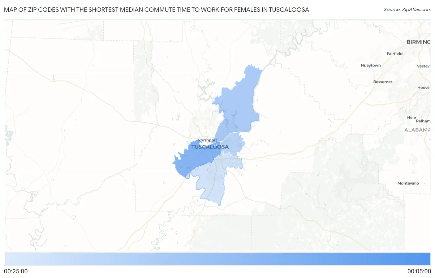 Zip Codes with the Shortest Median Commute Time to Work for Females in Tuscaloosa Map