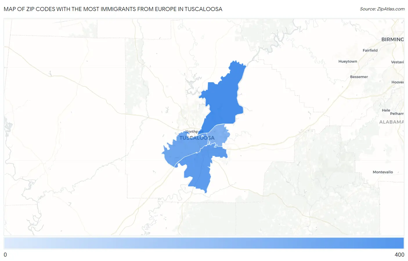 Zip Codes with the Most Immigrants from Europe in Tuscaloosa Map