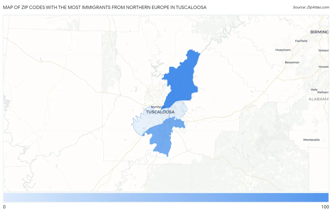 Zip Codes with the Most Immigrants from Northern Europe in Tuscaloosa Map
