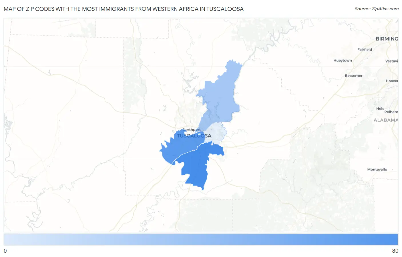 Zip Codes with the Most Immigrants from Western Africa in Tuscaloosa Map