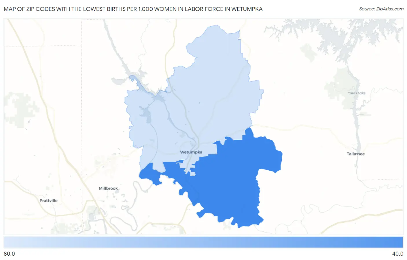 Zip Codes with the Lowest Births per 1,000 Women in Labor Force in Wetumpka Map