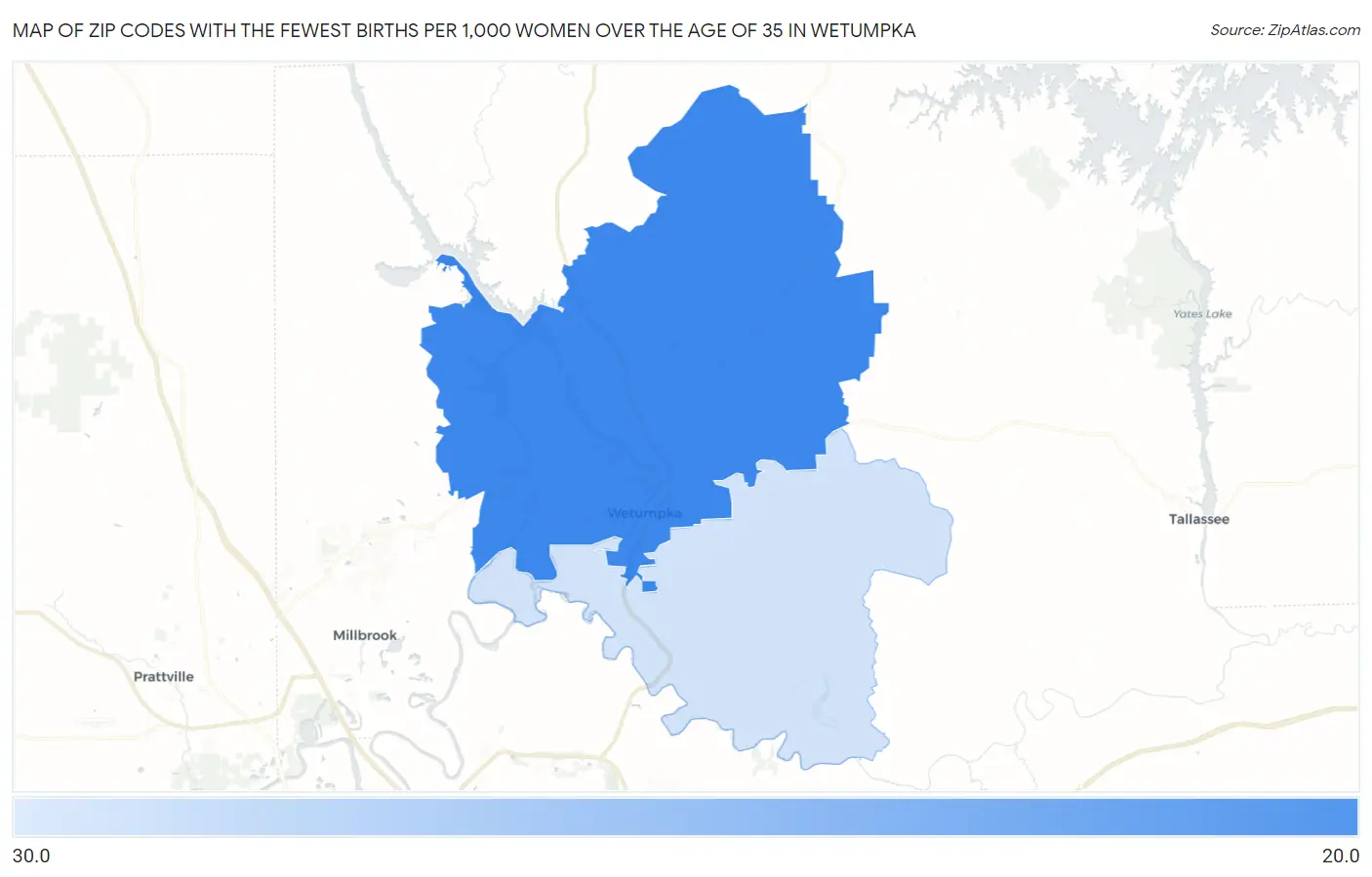Zip Codes with the Fewest Births per 1,000 Women Over the Age of 35 in Wetumpka Map