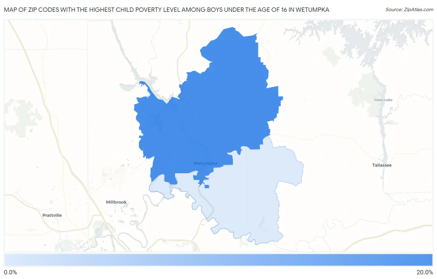 Zip Codes with the Highest Child Poverty Level Among Boys Under the Age of 16 in Wetumpka Map
