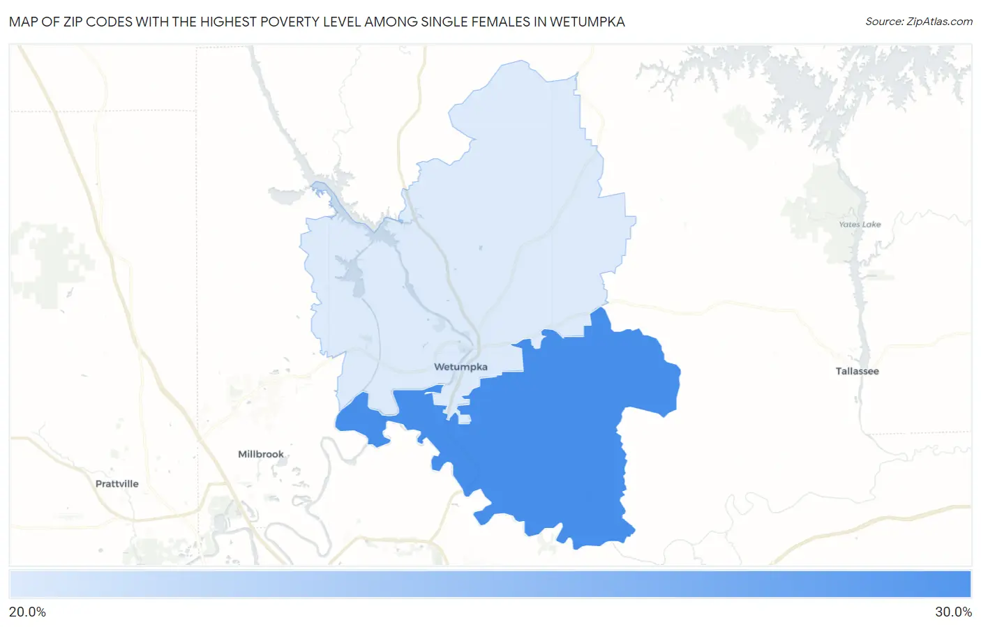 Zip Codes with the Highest Poverty Level Among Single Females in Wetumpka Map