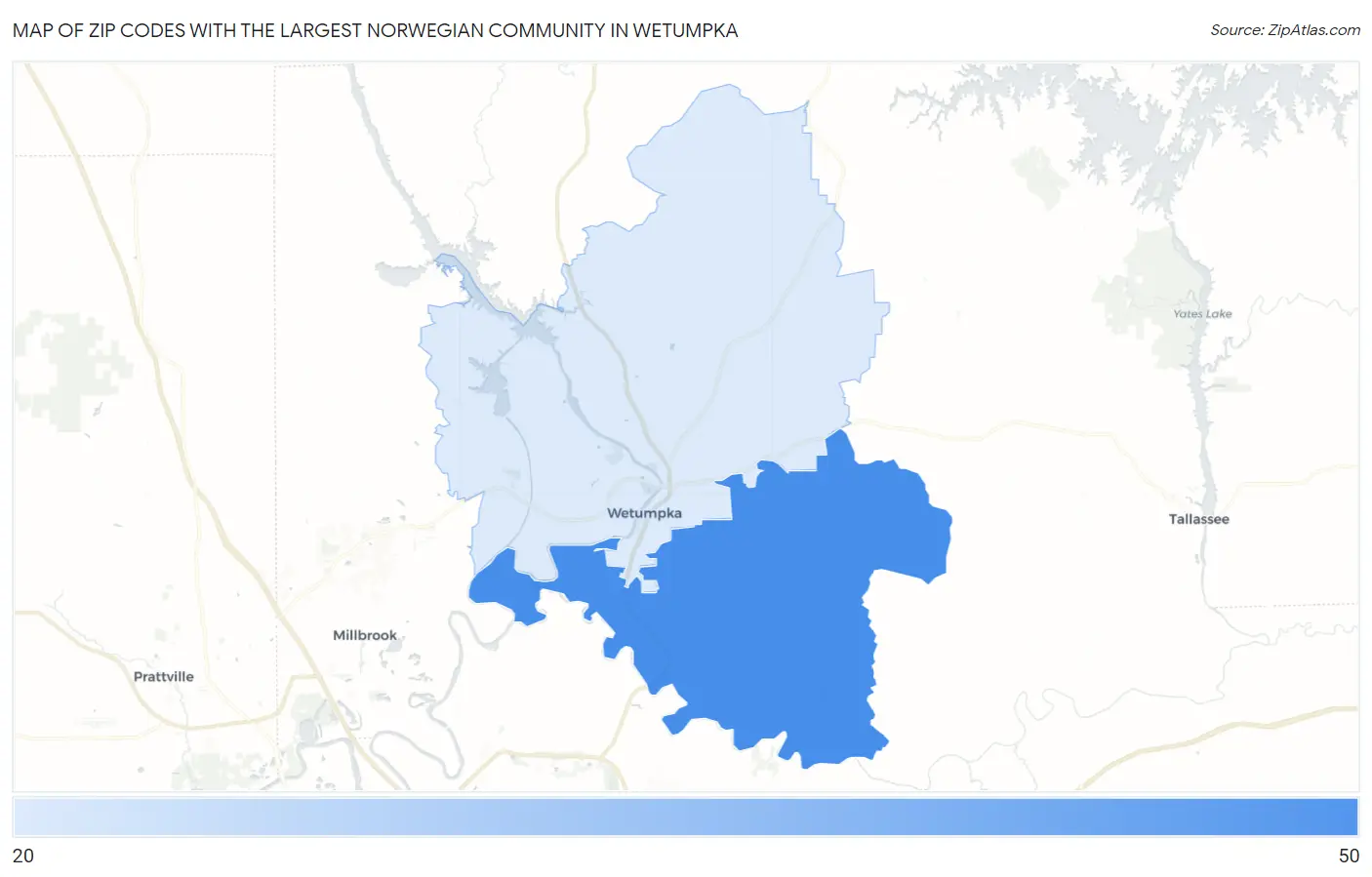 Zip Codes with the Largest Norwegian Community in Wetumpka Map