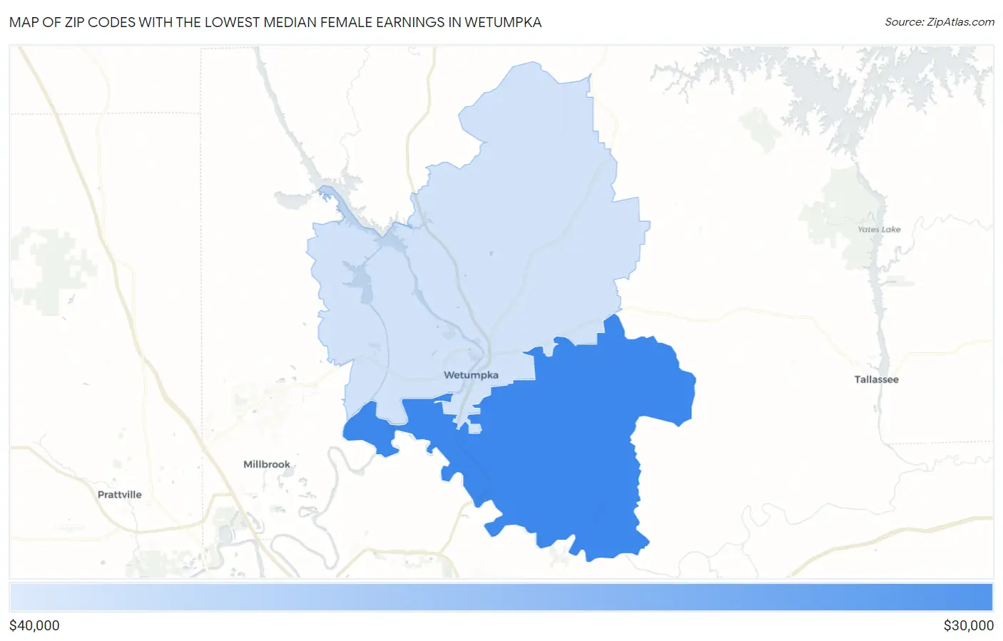 Zip Codes with the Lowest Median Female Earnings in Wetumpka Map