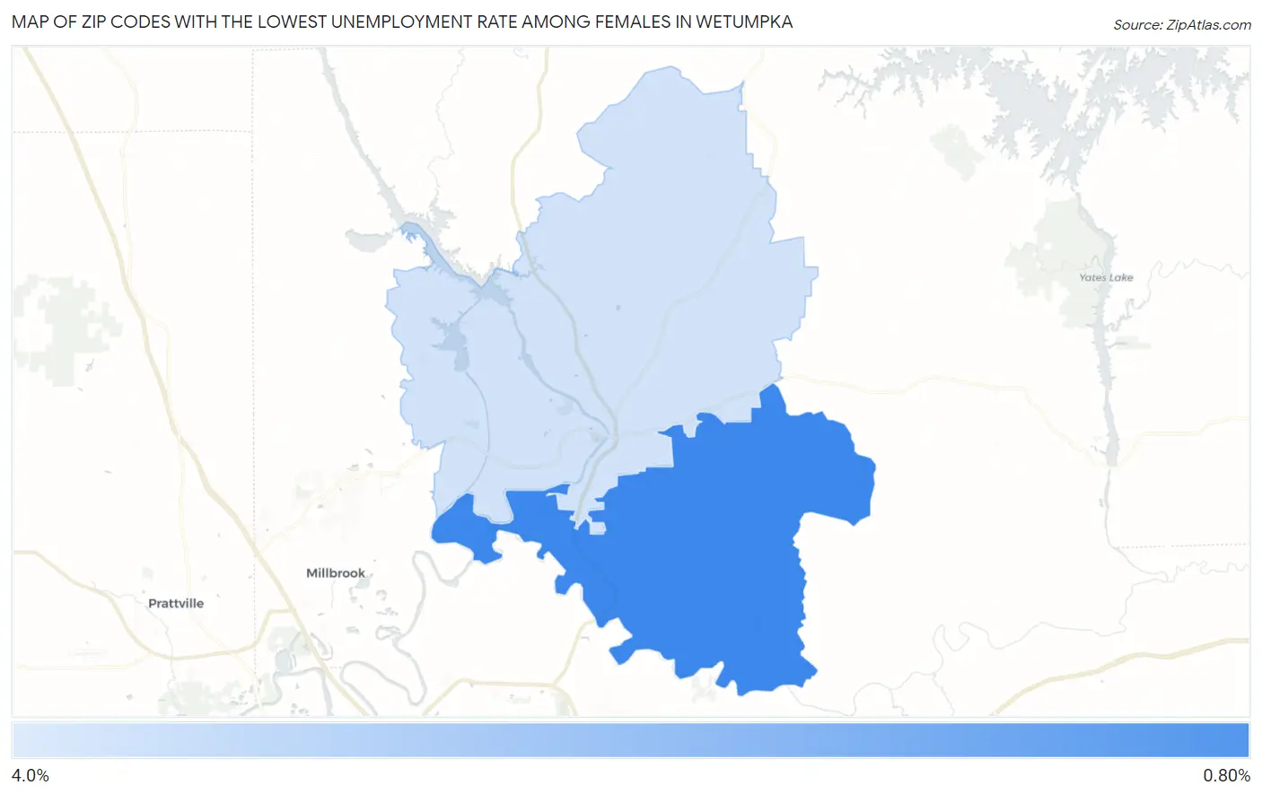 Zip Codes with the Lowest Unemployment Rate Among Females in Wetumpka Map