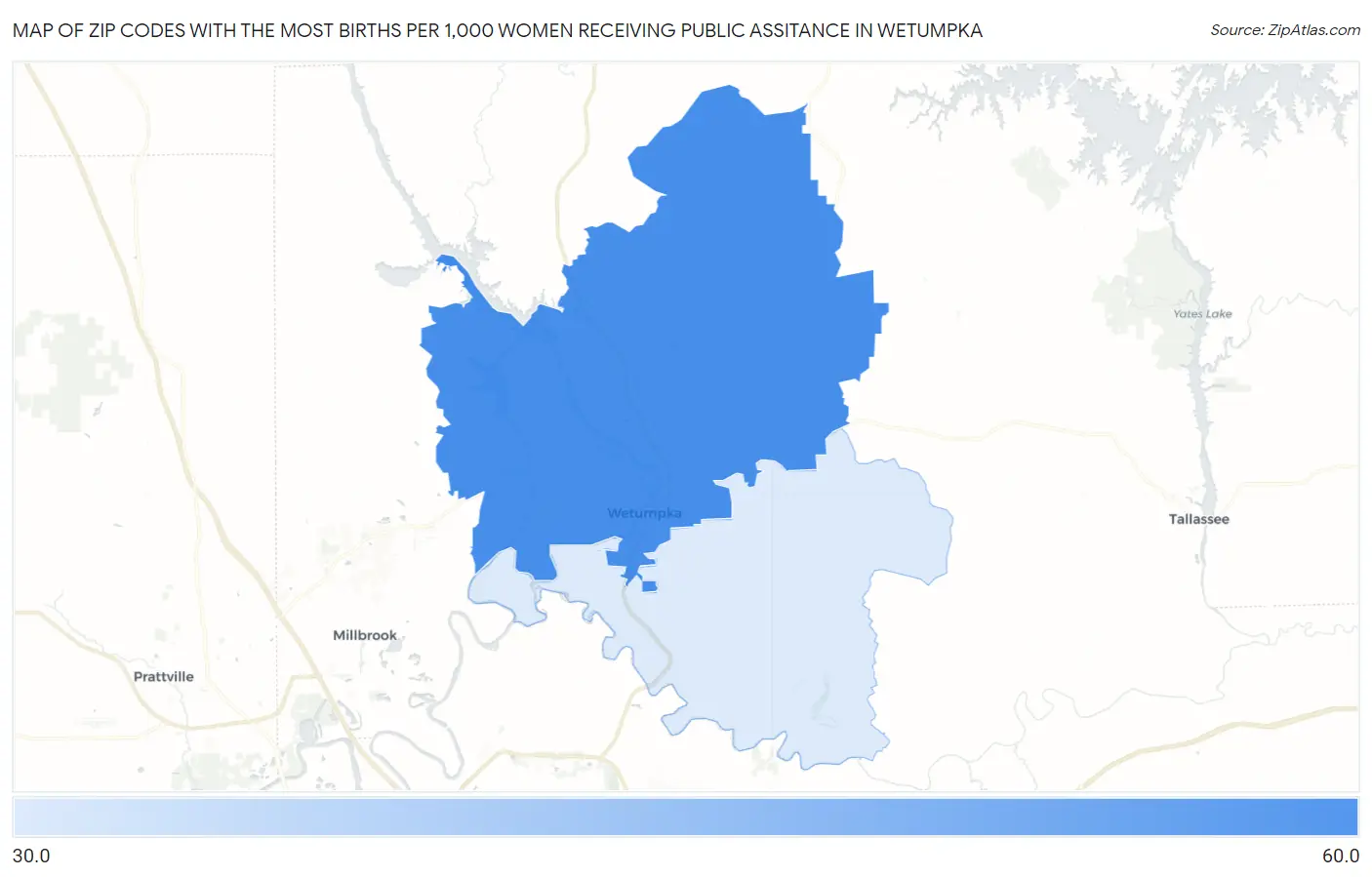 Zip Codes with the Most Births per 1,000 Women Receiving Public Assitance in Wetumpka Map