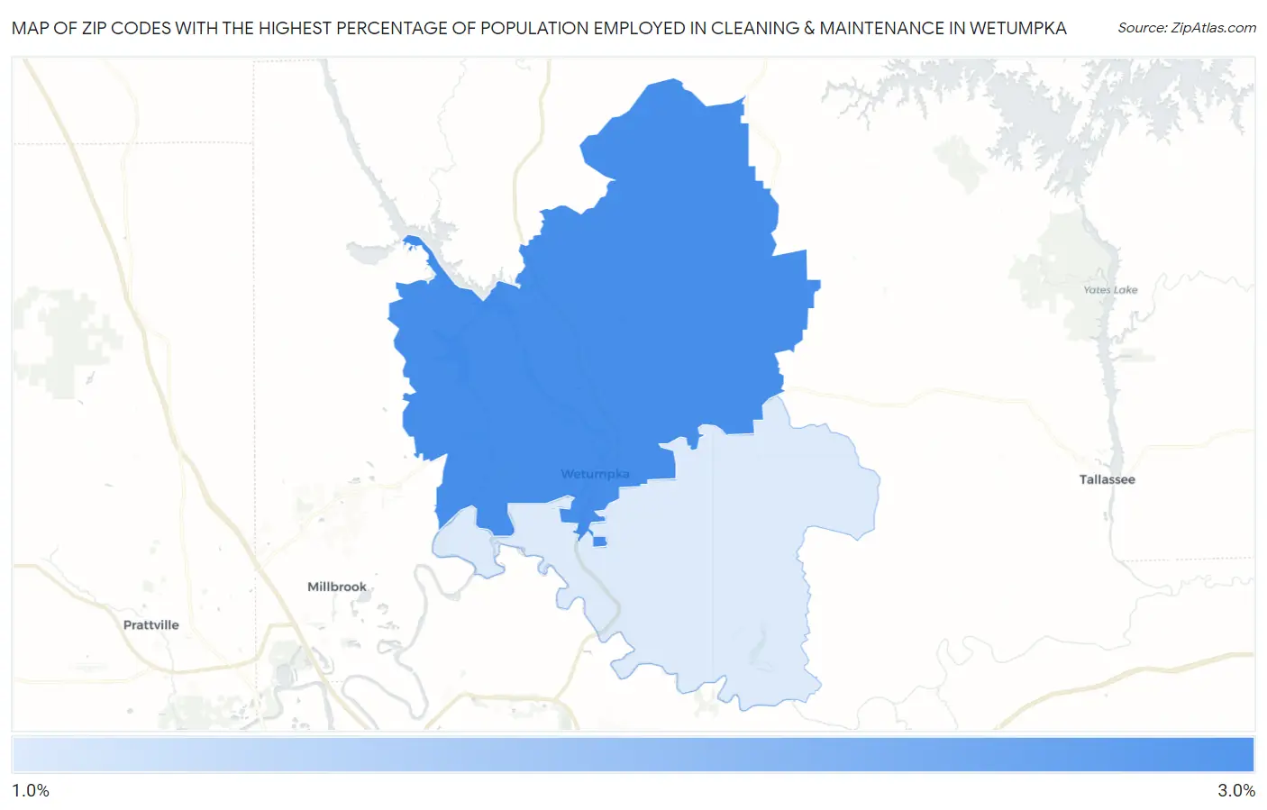 Zip Codes with the Highest Percentage of Population Employed in Cleaning & Maintenance in Wetumpka Map