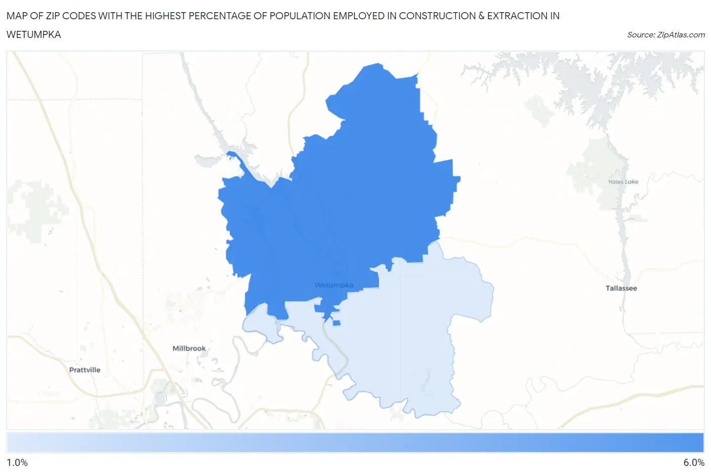 Zip Codes with the Highest Percentage of Population Employed in Construction & Extraction in Wetumpka Map