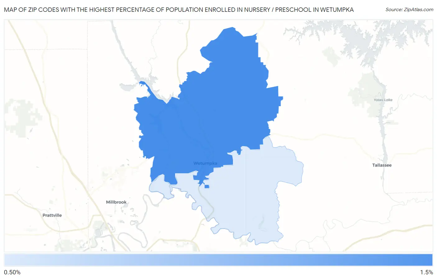 Zip Codes with the Highest Percentage of Population Enrolled in Nursery / Preschool in Wetumpka Map