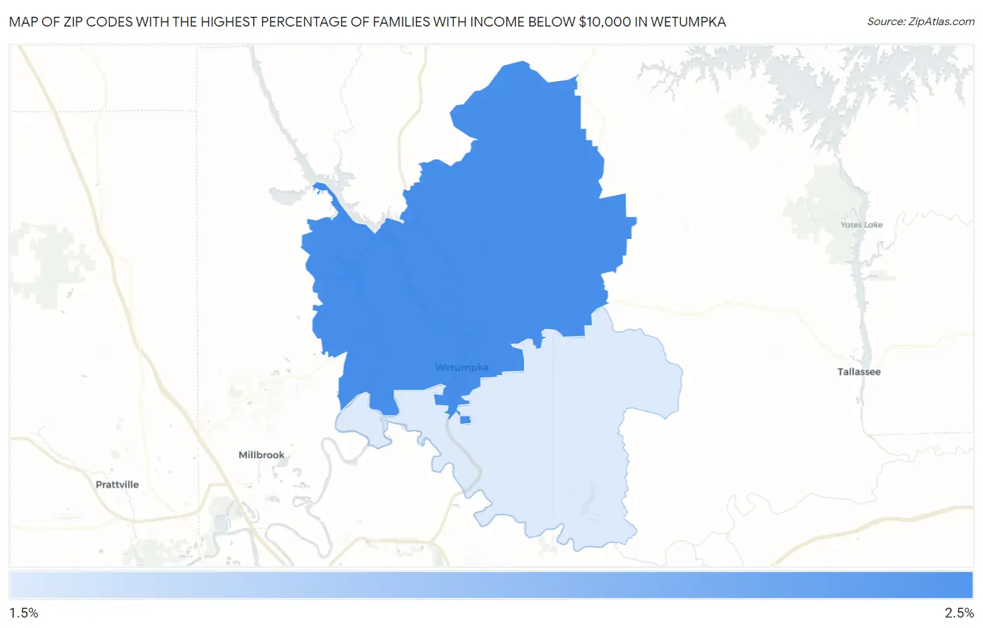 Zip Codes with the Highest Percentage of Families with Income Below $10,000 in Wetumpka Map