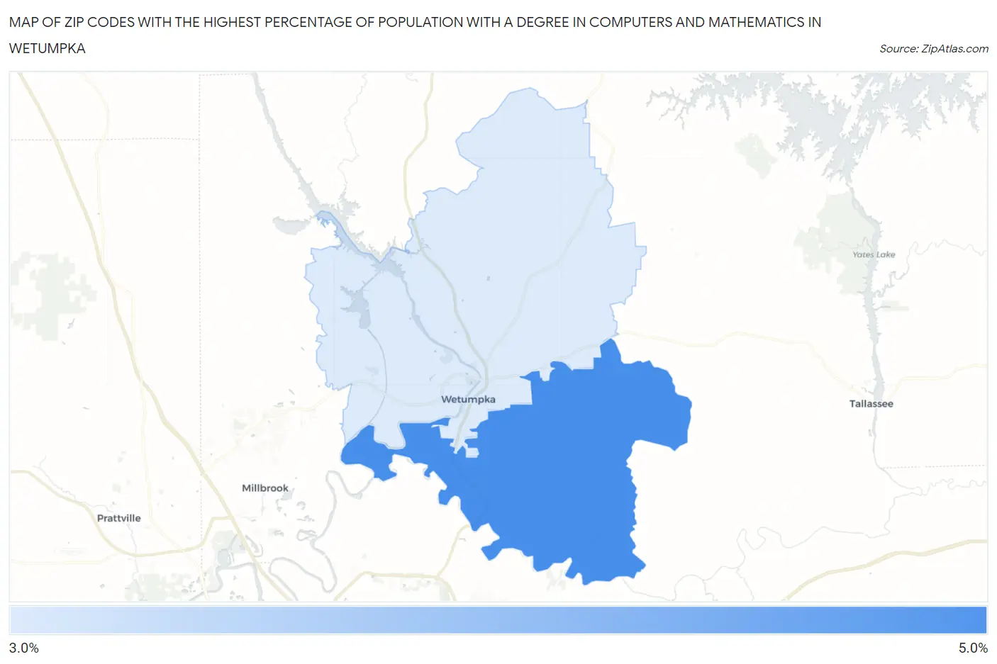 Zip Codes with the Highest Percentage of Population with a Degree in Computers and Mathematics in Wetumpka Map