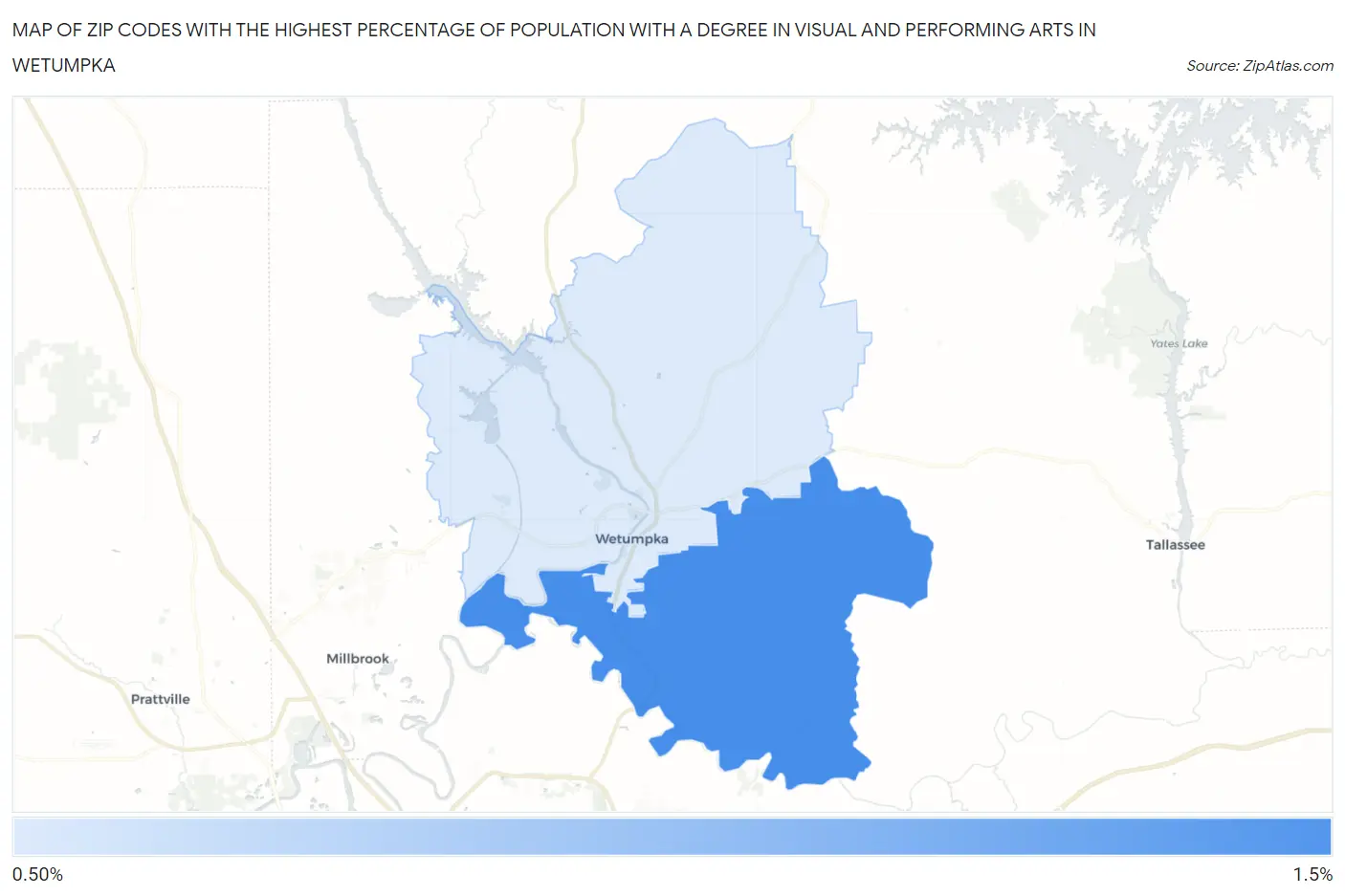 Zip Codes with the Highest Percentage of Population with a Degree in Visual and Performing Arts in Wetumpka Map