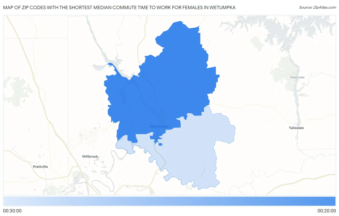 Zip Codes with the Shortest Median Commute Time to Work for Females in Wetumpka Map
