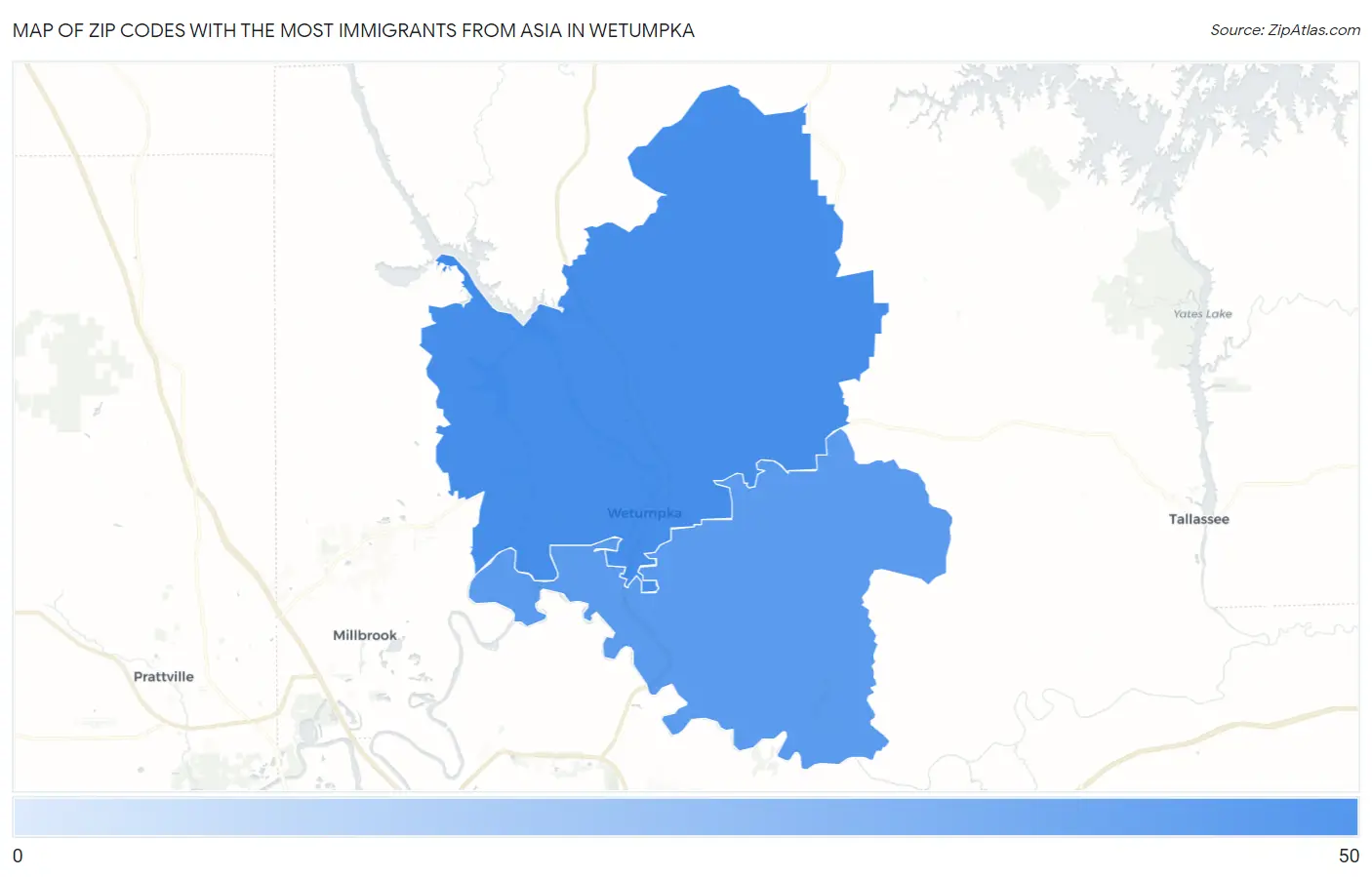 Zip Codes with the Most Immigrants from Asia in Wetumpka Map