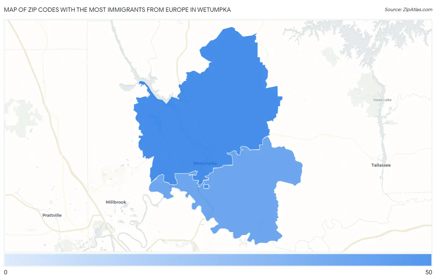 Zip Codes with the Most Immigrants from Europe in Wetumpka Map