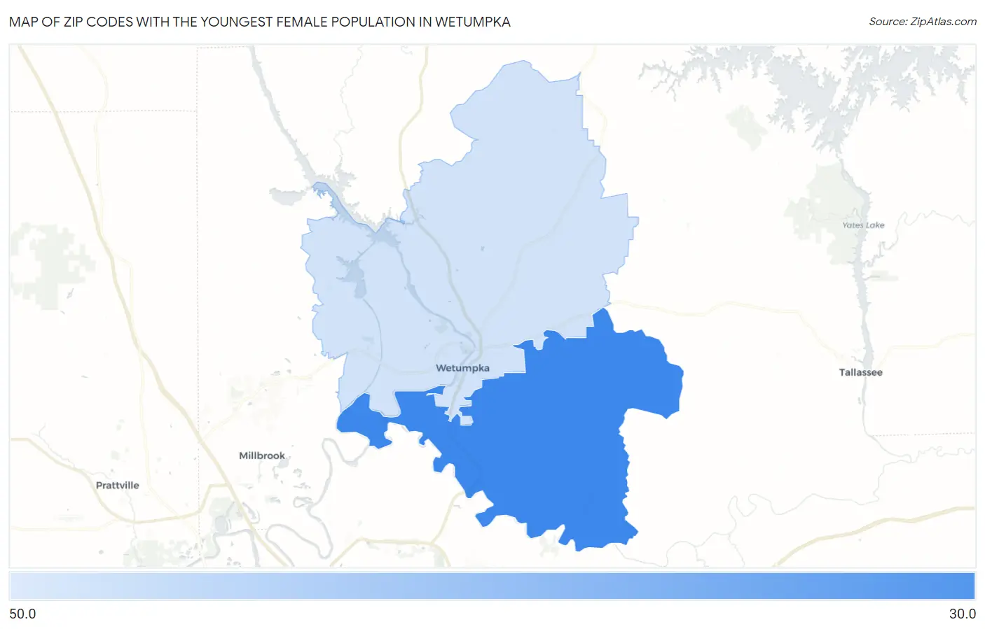 Zip Codes with the Youngest Female Population in Wetumpka Map