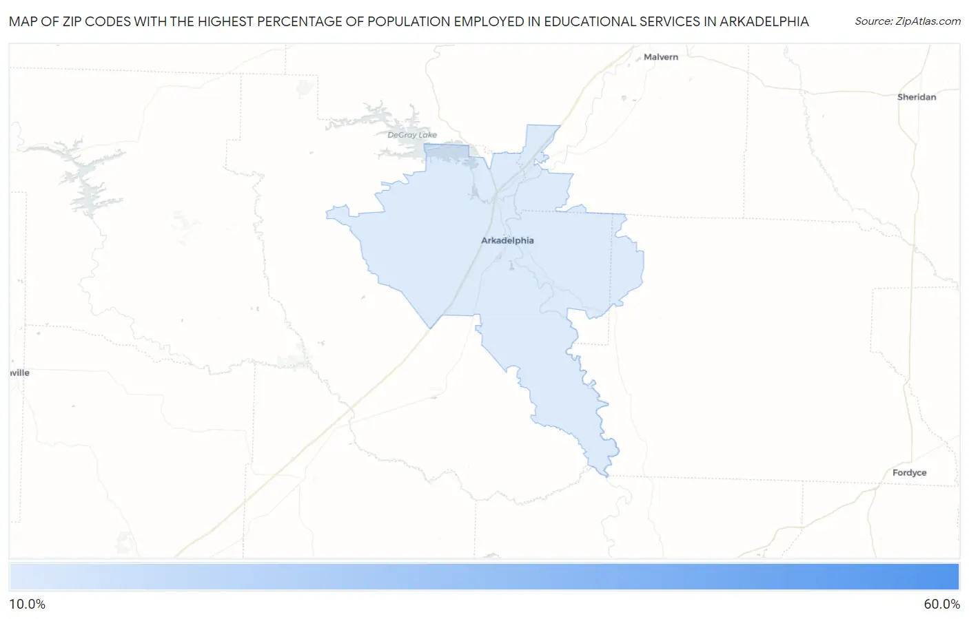 Zip Codes with the Highest Percentage of Population Employed in Educational Services in Arkadelphia Map