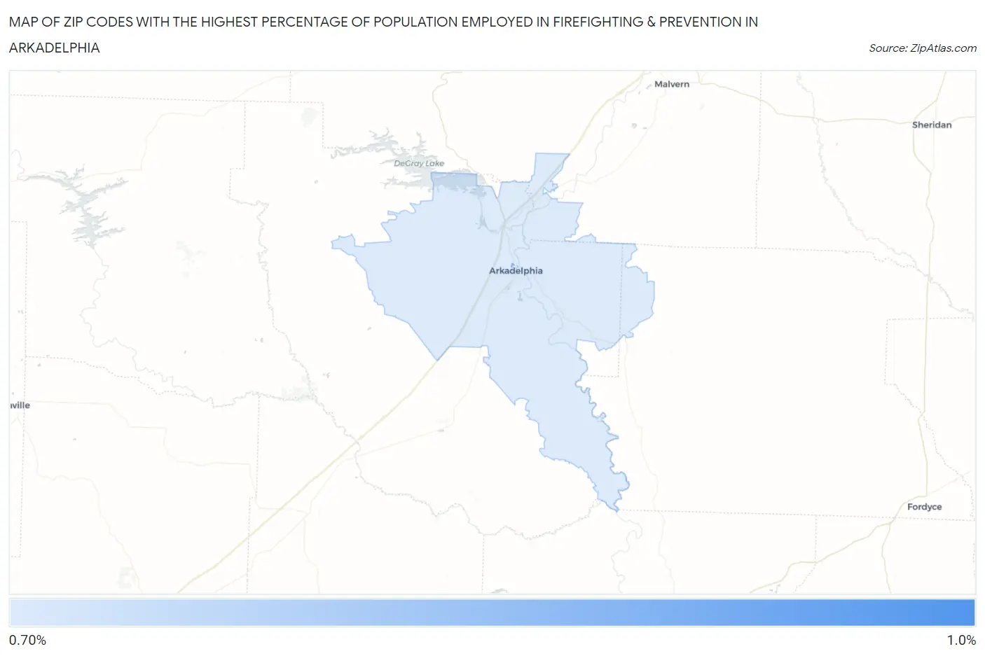 Zip Codes with the Highest Percentage of Population Employed in Firefighting & Prevention in Arkadelphia Map
