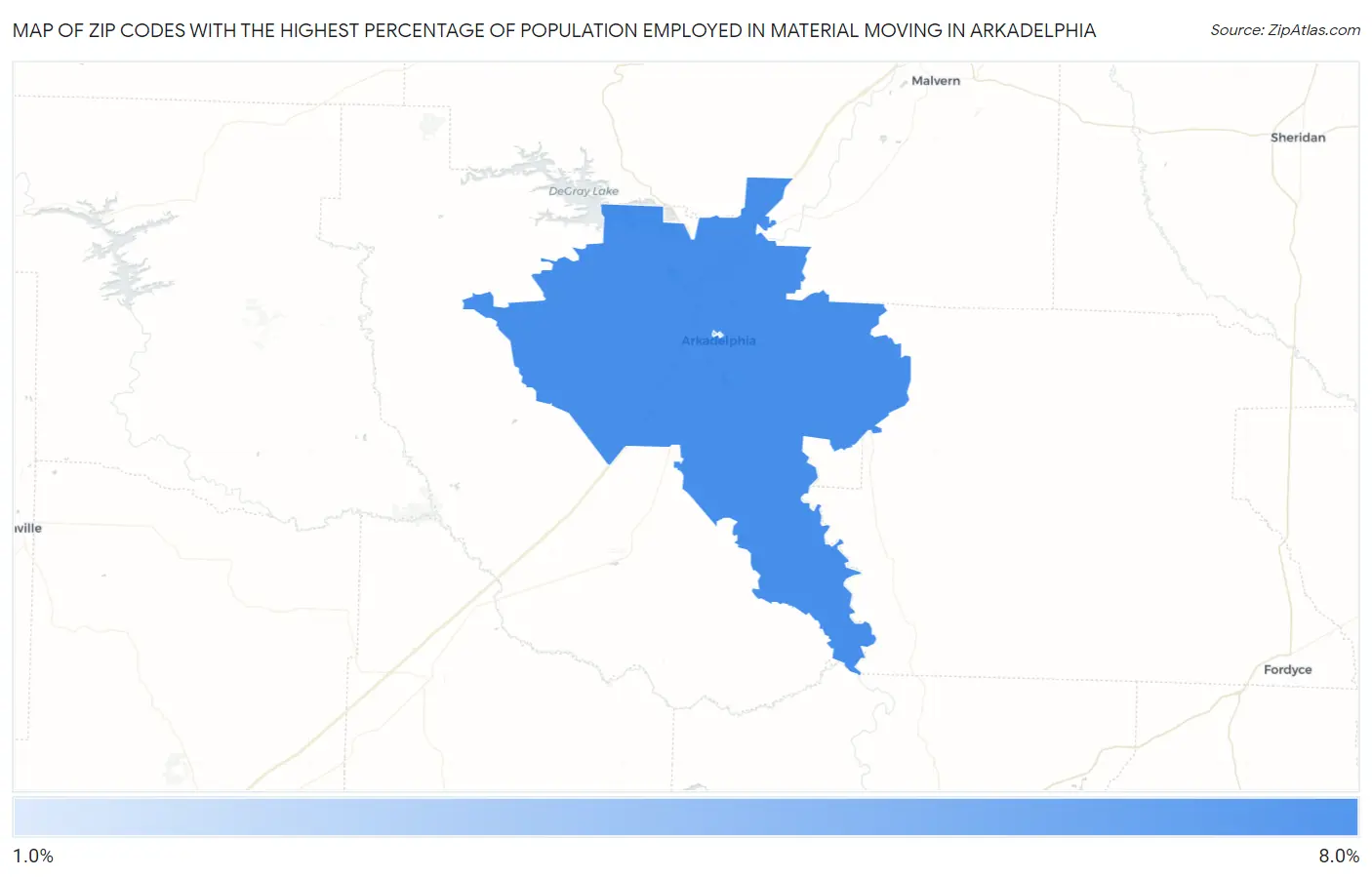 Zip Codes with the Highest Percentage of Population Employed in Material Moving in Arkadelphia Map