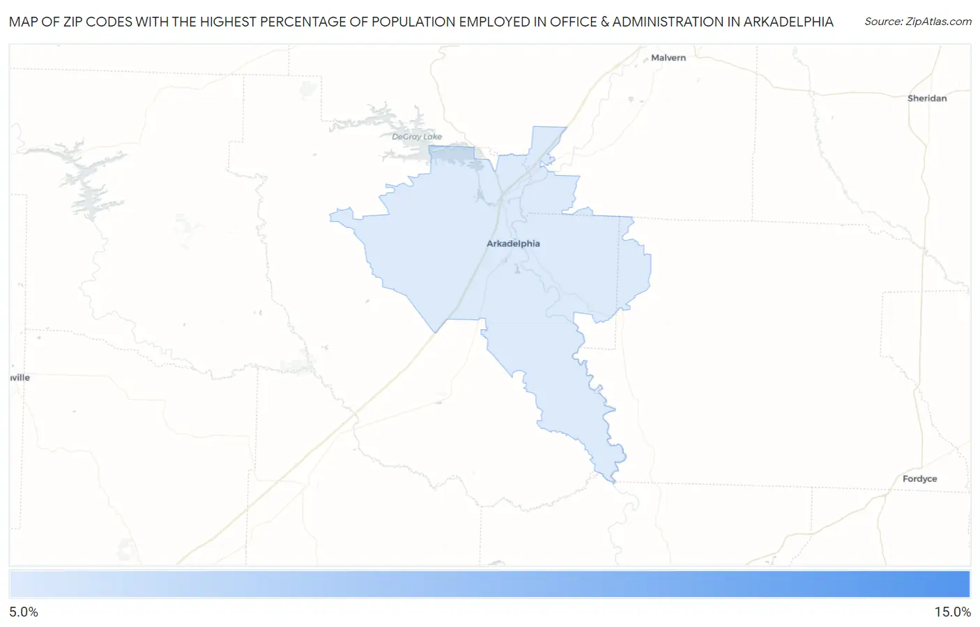 Zip Codes with the Highest Percentage of Population Employed in Office & Administration in Arkadelphia Map