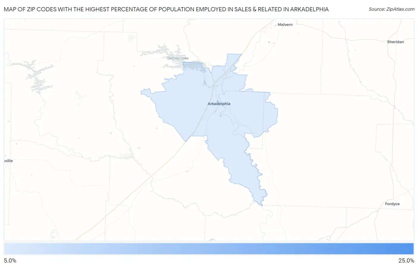 Zip Codes with the Highest Percentage of Population Employed in Sales & Related in Arkadelphia Map