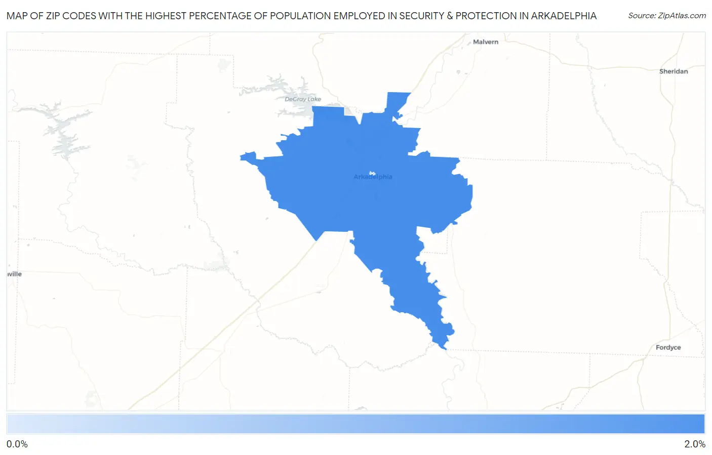 Zip Codes with the Highest Percentage of Population Employed in Security & Protection in Arkadelphia Map