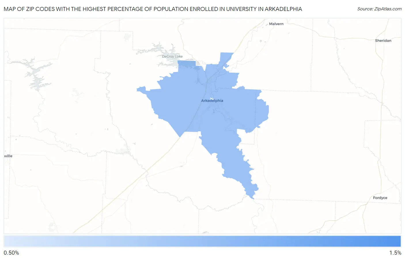 Zip Codes with the Highest Percentage of Population Enrolled in University in Arkadelphia Map