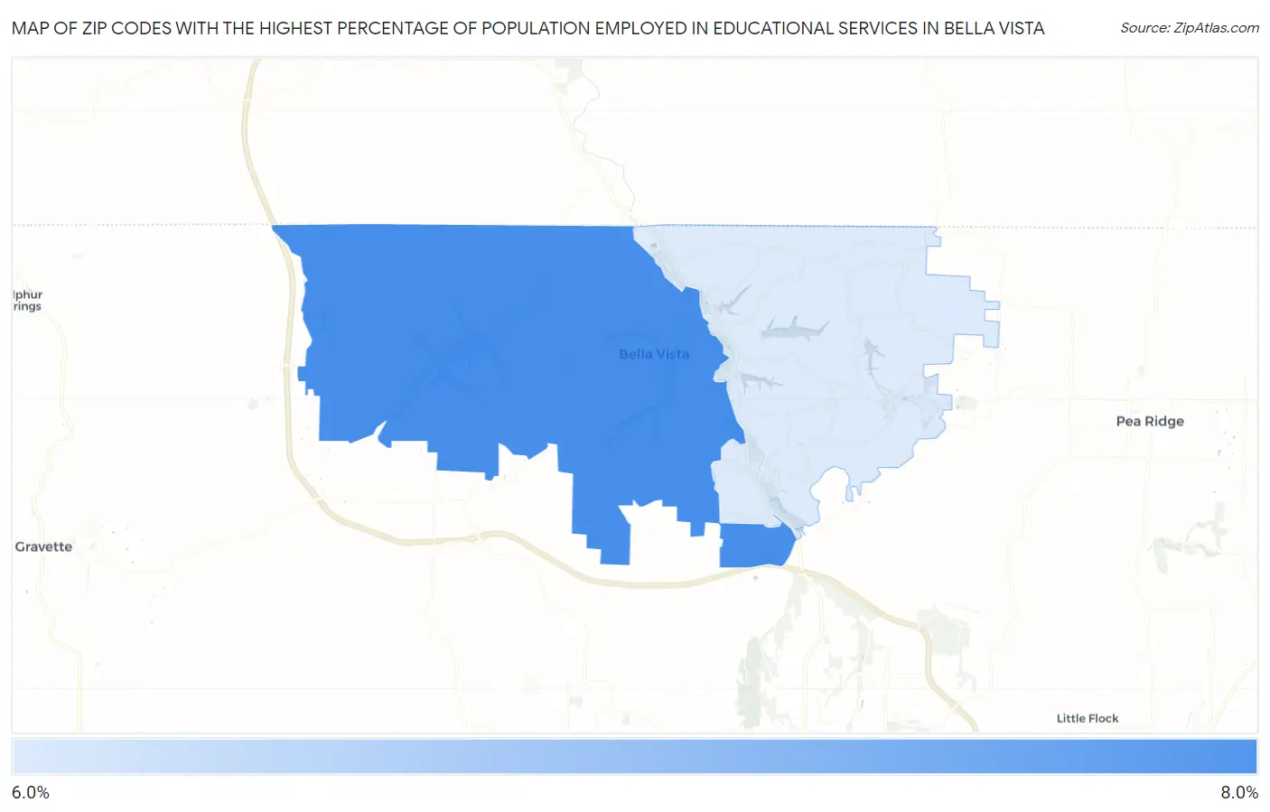 Zip Codes with the Highest Percentage of Population Employed in Educational Services in Bella Vista Map