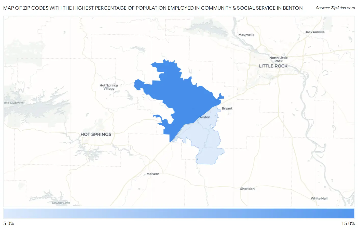 Zip Codes with the Highest Percentage of Population Employed in Community & Social Service  in Benton Map