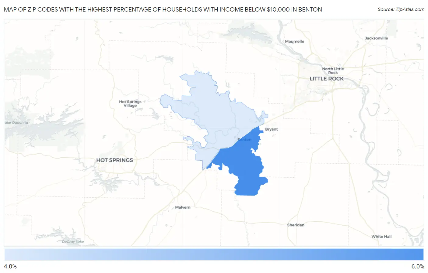 Zip Codes with the Highest Percentage of Households with Income Below $10,000 in Benton Map
