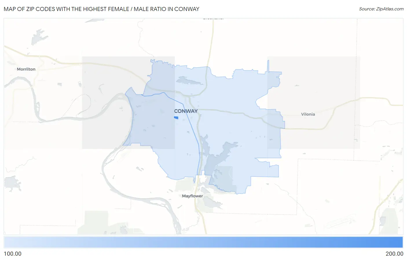 Zip Codes with the Highest Female / Male Ratio in Conway Map