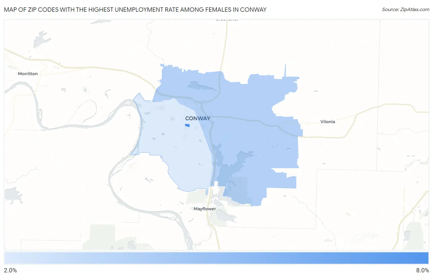 Zip Codes with the Highest Unemployment Rate Among Females in Conway Map