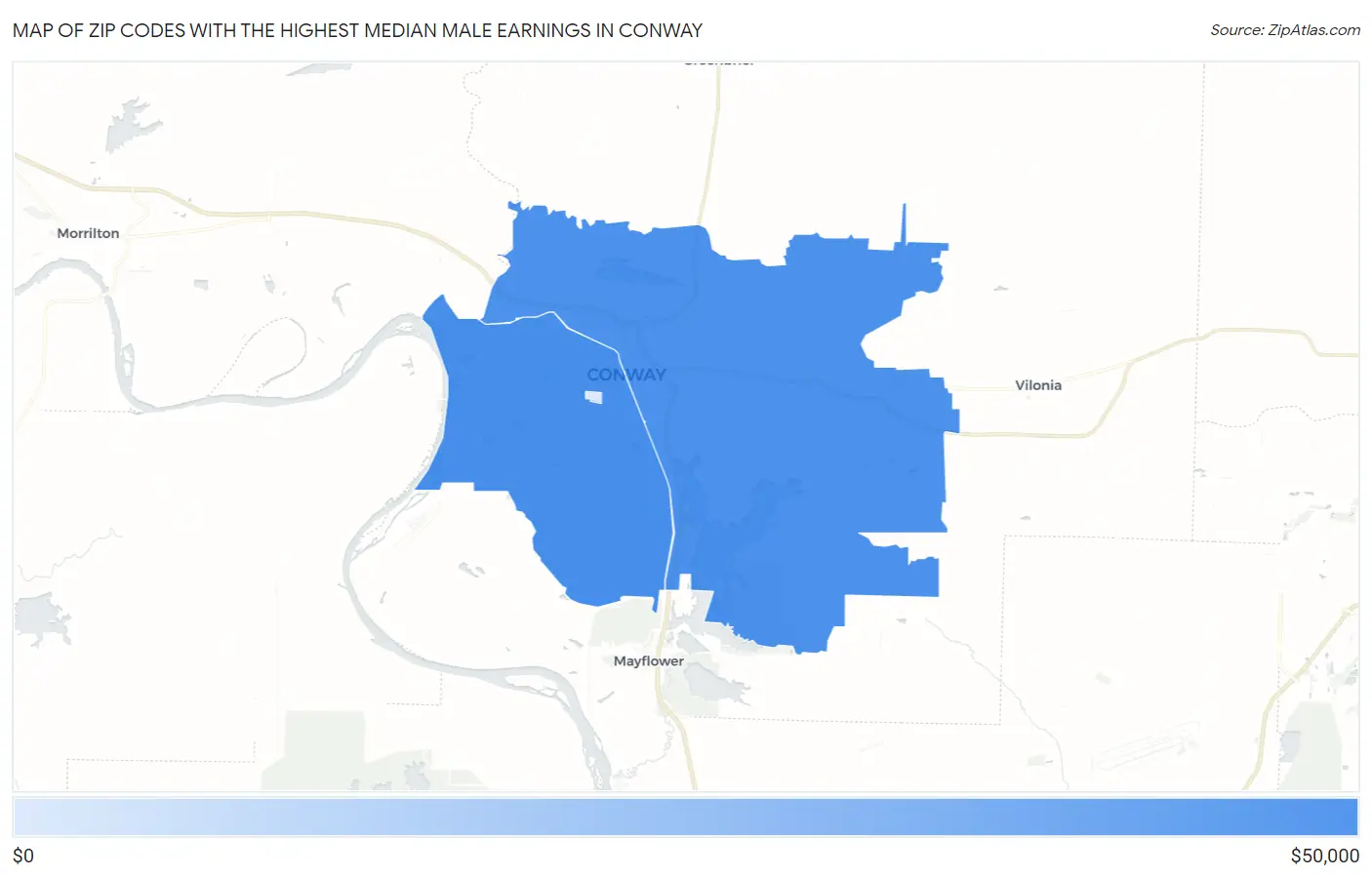 Zip Codes with the Highest Median Male Earnings in Conway Map