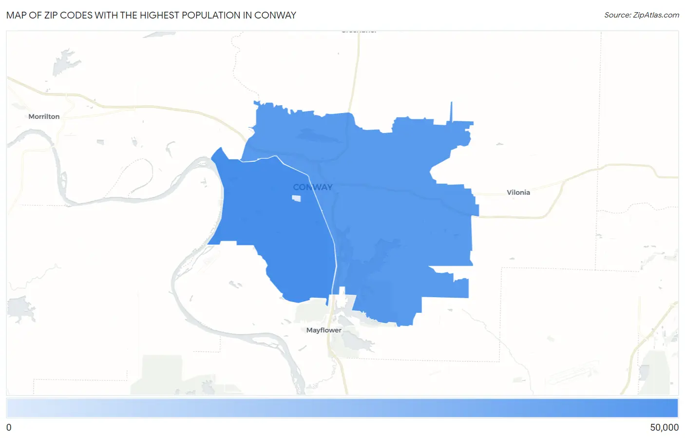 Zip Codes with the Highest Population in Conway Map