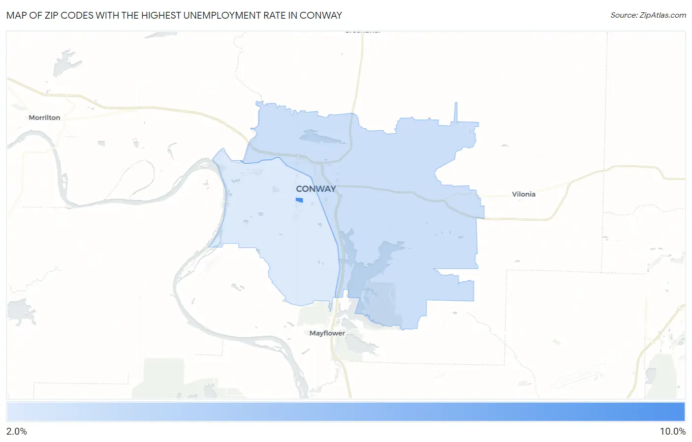 Zip Codes with the Highest Unemployment Rate in Conway Map