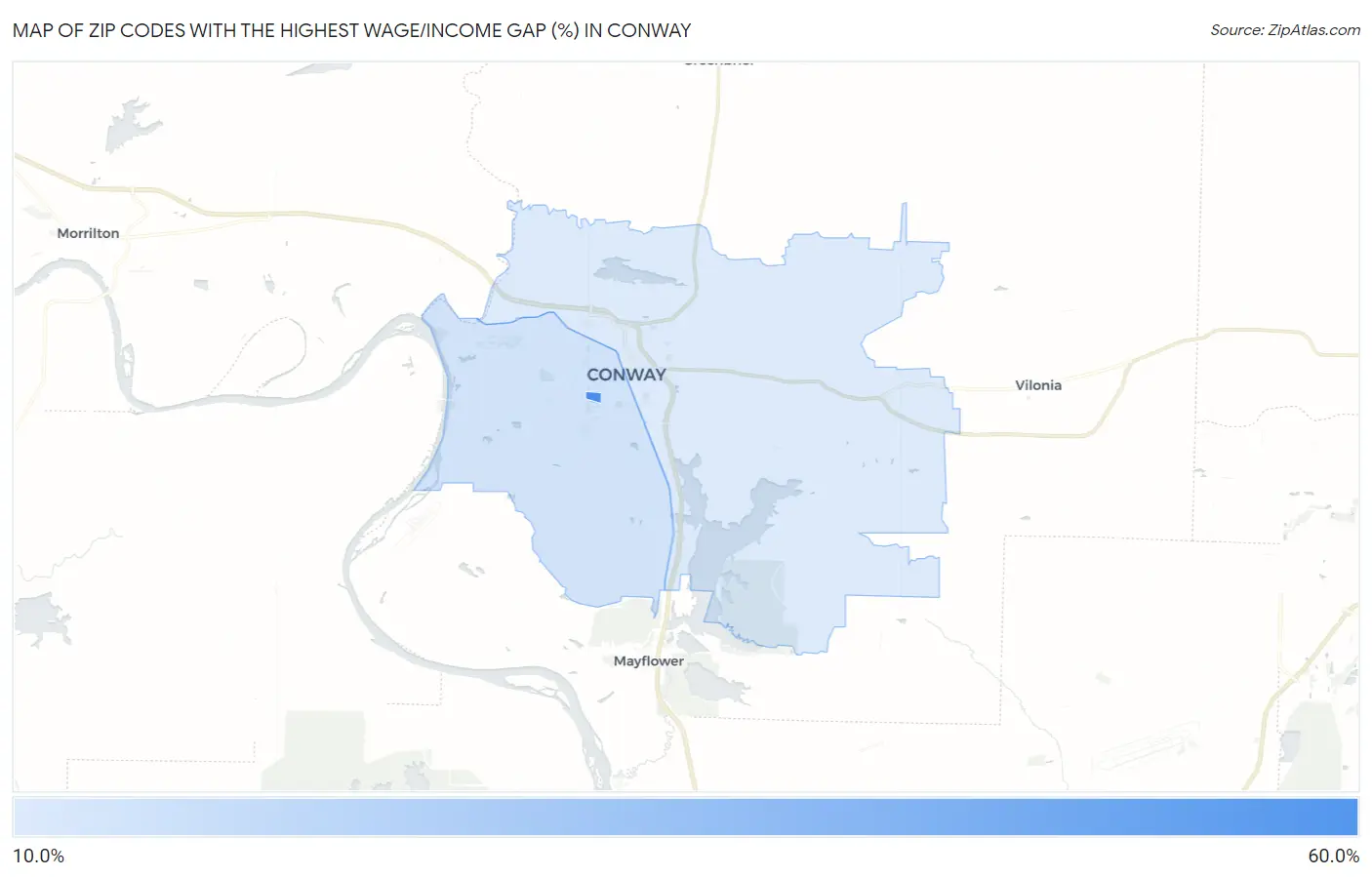 Zip Codes with the Highest Wage/Income Gap (%) in Conway Map