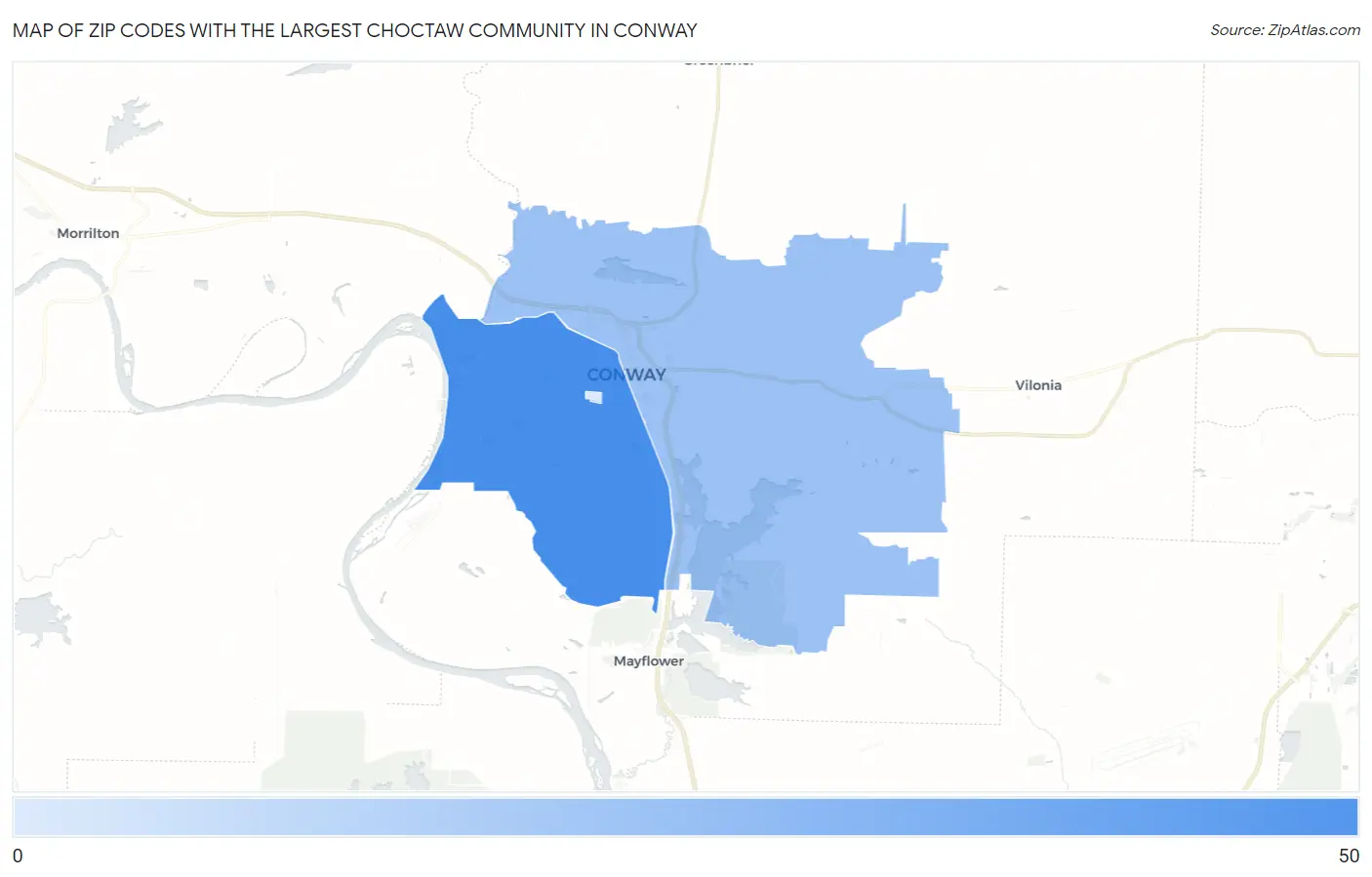 Zip Codes with the Largest Choctaw Community in Conway Map