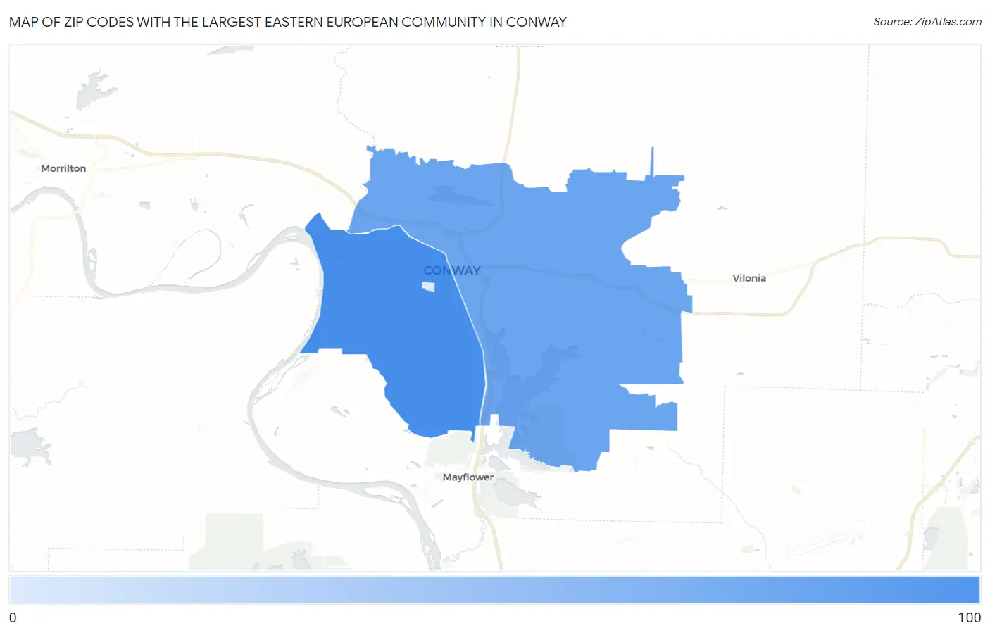 Zip Codes with the Largest Eastern European Community in Conway Map